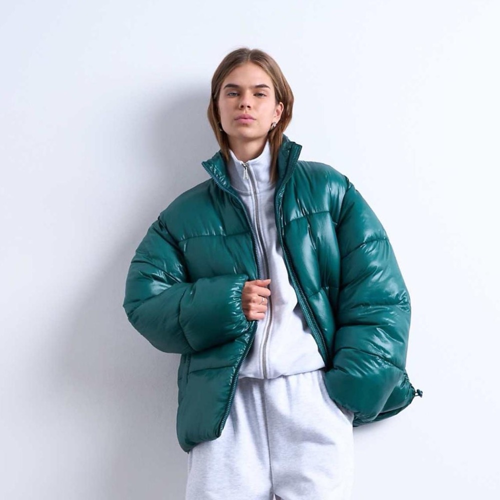 Topshop high shine mid length puffer jacket in teal Women's Green Puffer Jacket